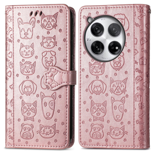 For OnePlus 12 Cat and Dog Embossed Leather Phone Case(Rose Gold) by buy2fix