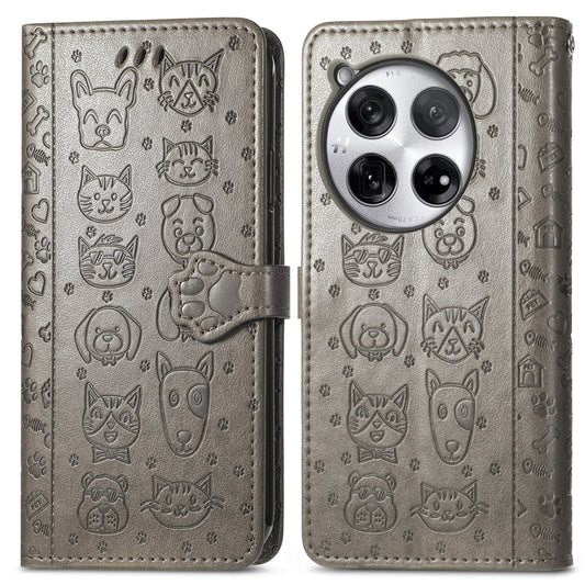 For OnePlus 12 Cat and Dog Embossed Leather Phone Case(Grey) by buy2fix