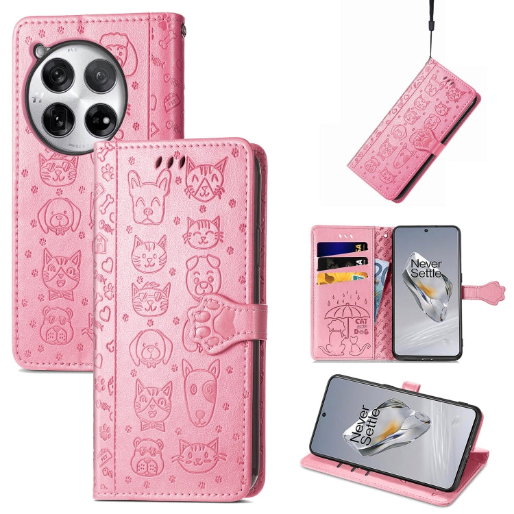 For OnePlus 12 Cat and Dog Embossed Leather Phone Case(Pink) by buy2fix