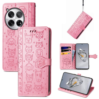 For OnePlus 12 Cat and Dog Embossed Leather Phone Case(Pink) by buy2fix