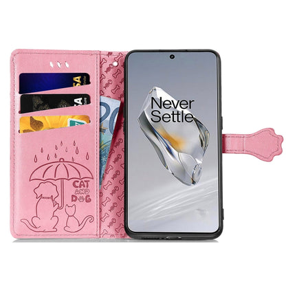 For OnePlus 12 Cat and Dog Embossed Leather Phone Case(Pink) by buy2fix