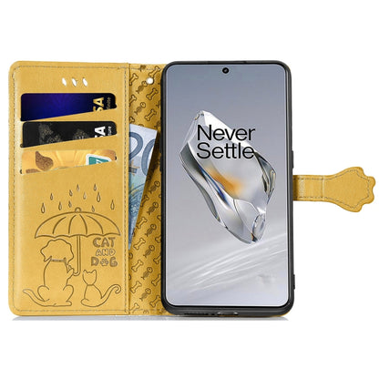 For OnePlus 12 Cat and Dog Embossed Leather Phone Case(Yellow) by buy2fix