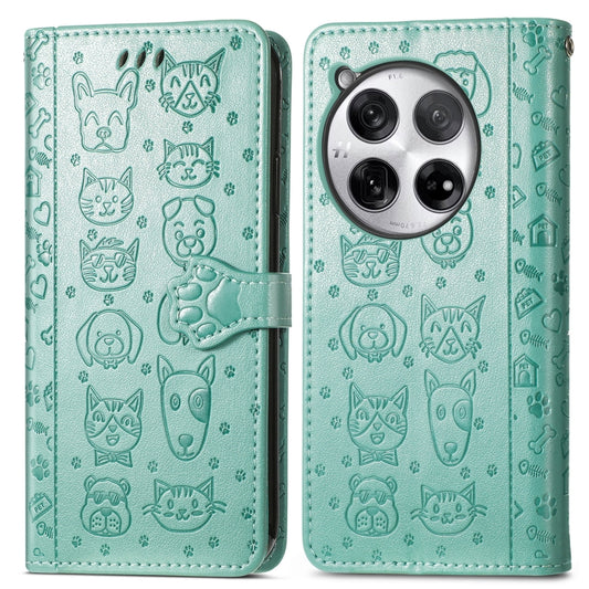 For OnePlus 12 Cat and Dog Embossed Leather Phone Case(Green) by buy2fix