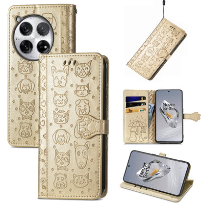 For OnePlus 12 Cat and Dog Embossed Leather Phone Case(Gold) by buy2fix