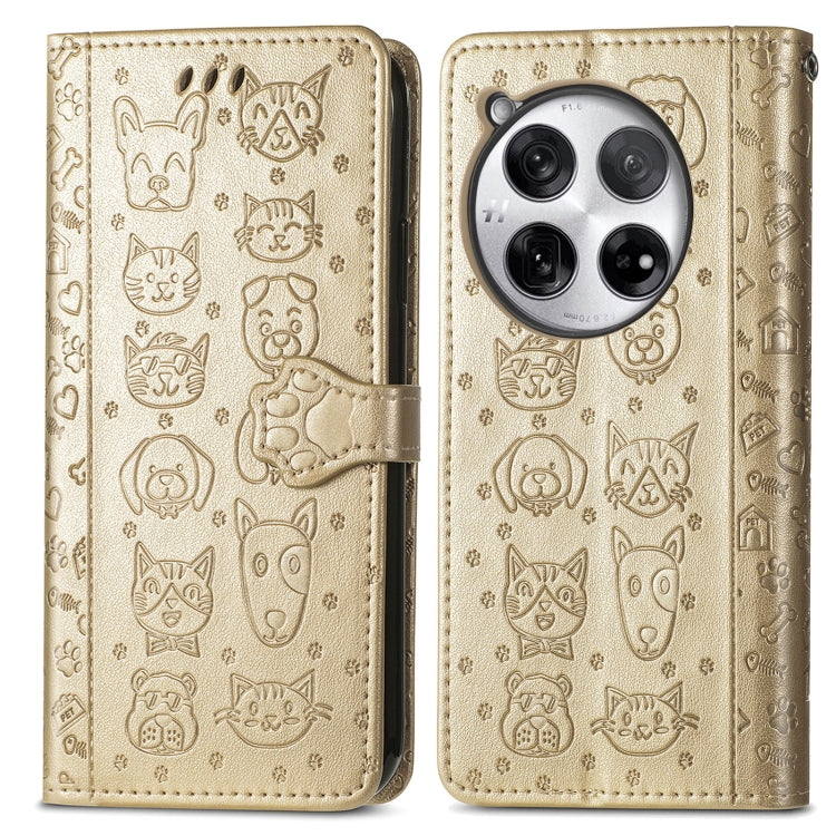 For OnePlus 12 Cat and Dog Embossed Leather Phone Case(Gold) by buy2fix