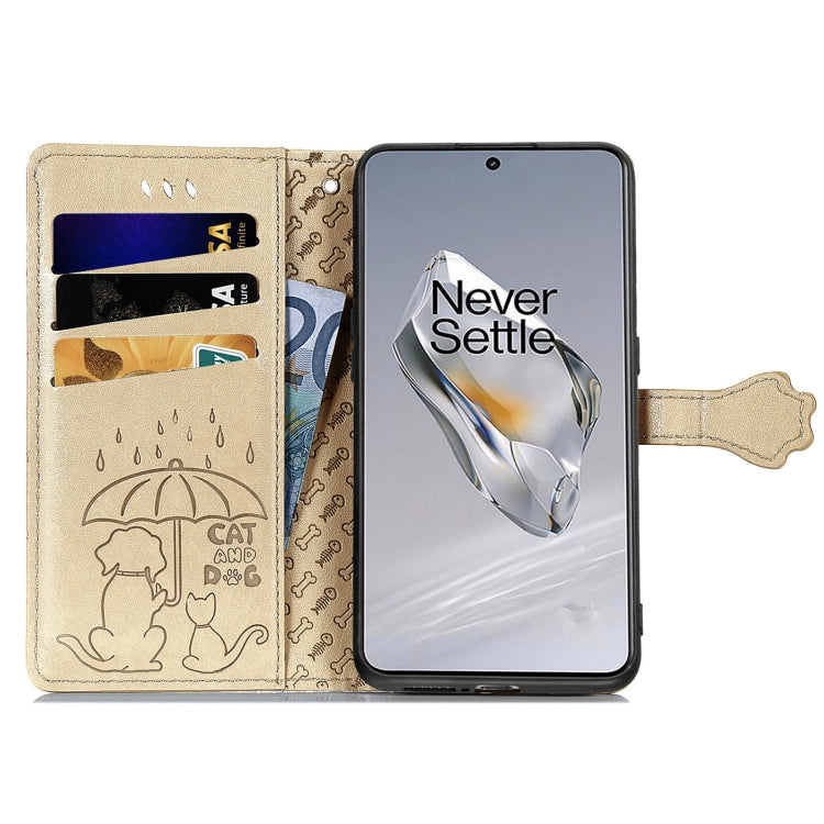 For OnePlus 12 Cat and Dog Embossed Leather Phone Case(Gold) by buy2fix