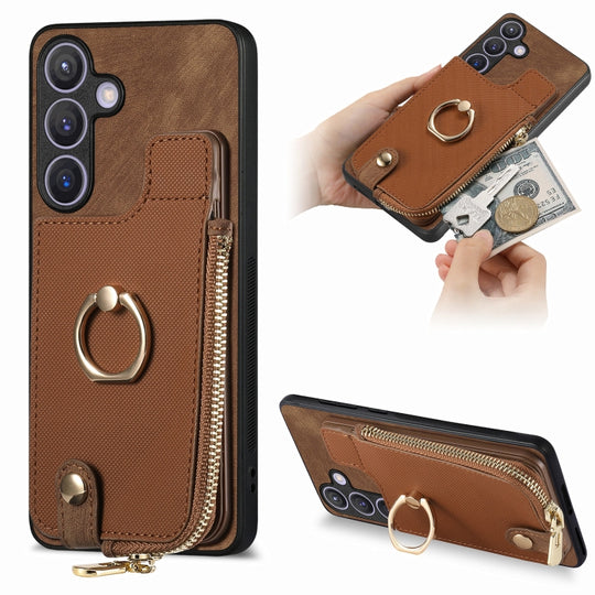 For Samsung Galaxy S24 5G Cross Leather Ring Vertical Zipper Wallet Back Phone Case(Brown)