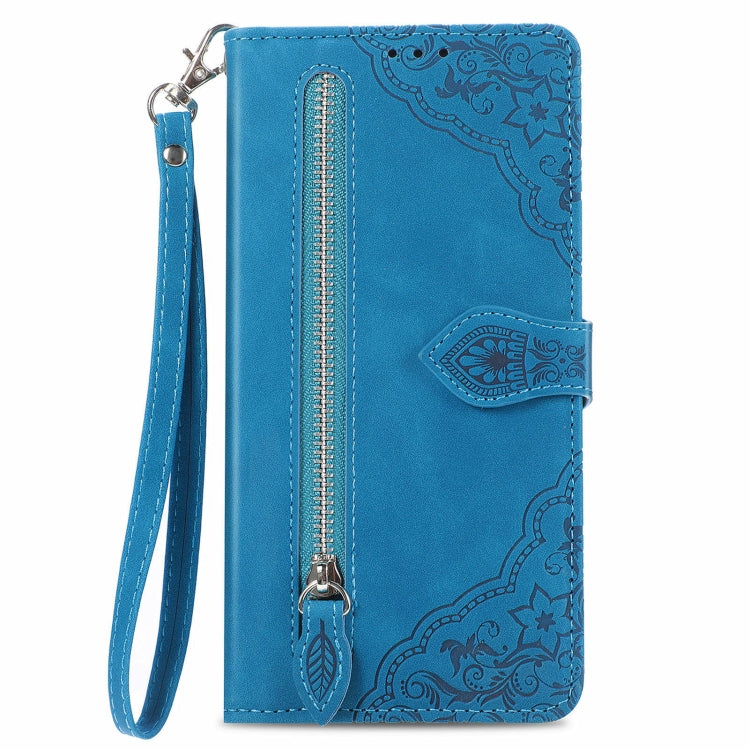 For Motorola Moto G Power 5G 2024 Embossed Flower Zipper Leather Phone Case(Blue) - Motorola Cases by buy2fix | Online Shopping UK | buy2fix