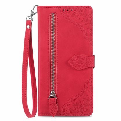 For Motorola Moto G Power 5G 2024 Embossed Flower Zipper Leather Phone Case(Red) - Motorola Cases by buy2fix | Online Shopping UK | buy2fix