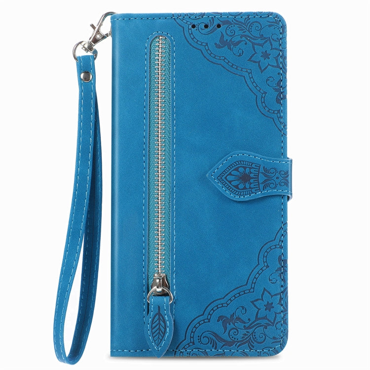 For Motorola Edge 2024 Embossed Flower Zipper Leather Phone Case(Blue) by buy2fix