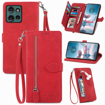 For Motorola Edge 2024 Embossed Flower Zipper Leather Phone Case(Red) - Motorola Cases by buy2fix | Online Shopping UK | buy2fix