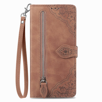 For Motorola Edge 2024 Embossed Flower Zipper Leather Phone Case(Brown) - Motorola Cases by buy2fix | Online Shopping UK | buy2fix