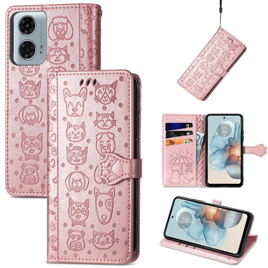 For Motorola MOTO G24 Power Cat and Dog Embossed Leather Phone Case(Rose Gold) - Motorola Cases by buy2fix | Online Shopping UK | buy2fix