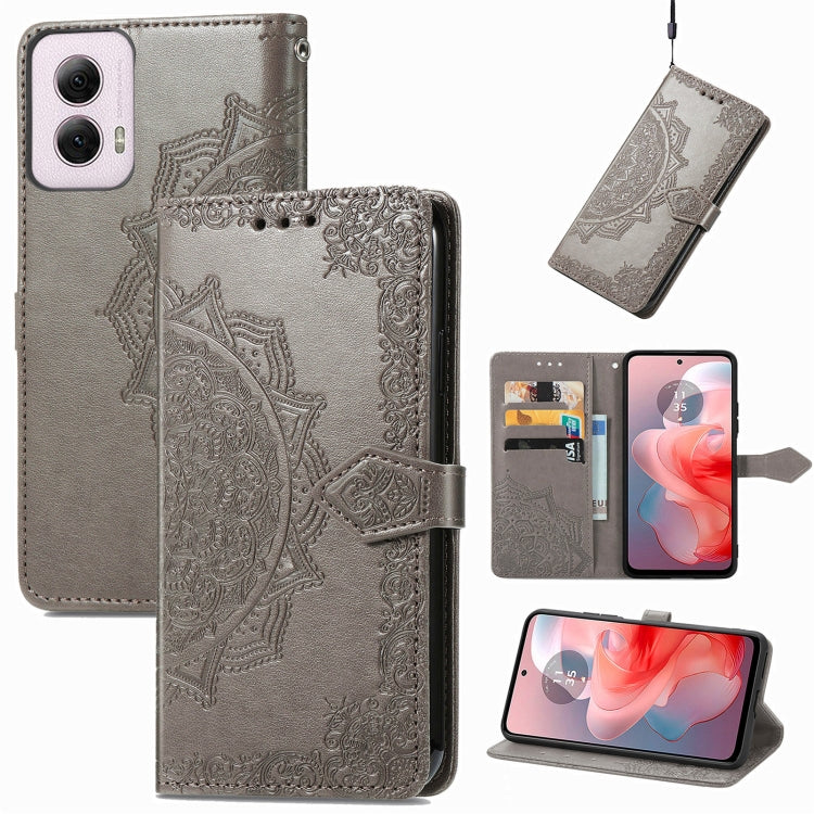 For Motorola Moto G Power 2024 Mandala Flower Embossed Leather Phone Case(Gray) - Motorola Cases by buy2fix | Online Shopping UK | buy2fix