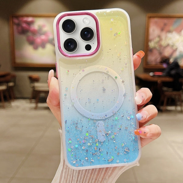 For iPhone 15 Pro Multicolor Gradient Glitter Sequin MagSafe TPU Phone Case(Yellow+Blue) by buy2fix