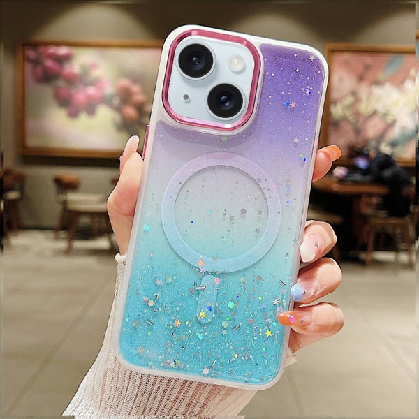 For iPhone 15 Plus Multicolor Gradient Glitter Sequin MagSafe TPU Phone Case(Purple+Green) by buy2fix