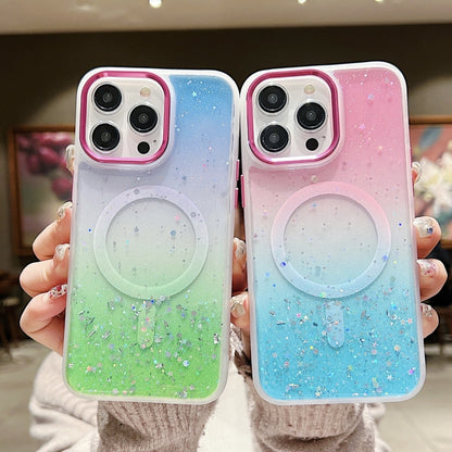 For iPhone 15 Multicolor Gradient Glitter Sequin MagSafe TPU Phone Case(Purple+Green) - iPhone 15 Cases by buy2fix | Online Shopping UK | buy2fix
