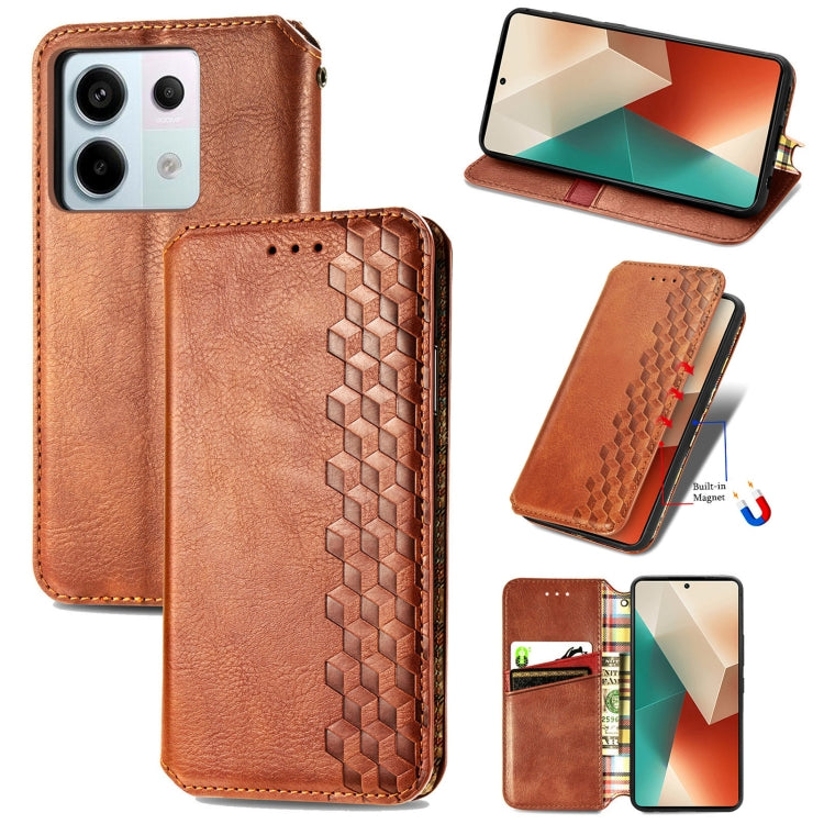 For Xiaomi Redmi Note 13 Pro Cubic Grid Pressed Magnetic Leather Phone Case(Brown) - Note 13 Pro Cases by buy2fix | Online Shopping UK | buy2fix