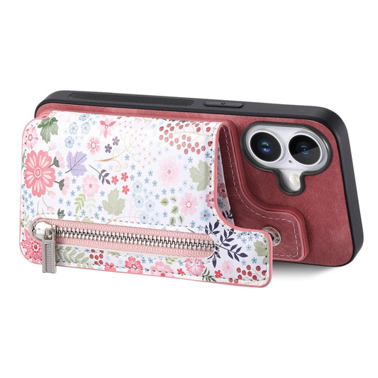 For iPhone 16 Retro Painted Zipper Wallet Back Phone Case(Pink) by buy2fix