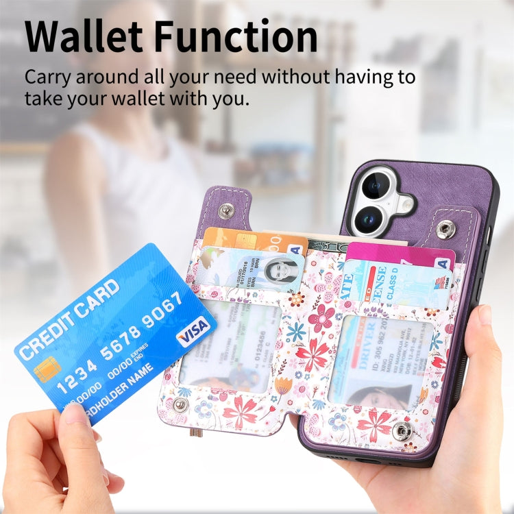 For iPhone 16 Retro Painted Zipper Wallet Back Phone Case(Purple) - iPhone 16 Cases by buy2fix | Online Shopping UK | buy2fix