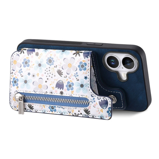 For iPhone 16 Plus Retro Painted Zipper Wallet Back Phone Case(Blue) by buy2fix