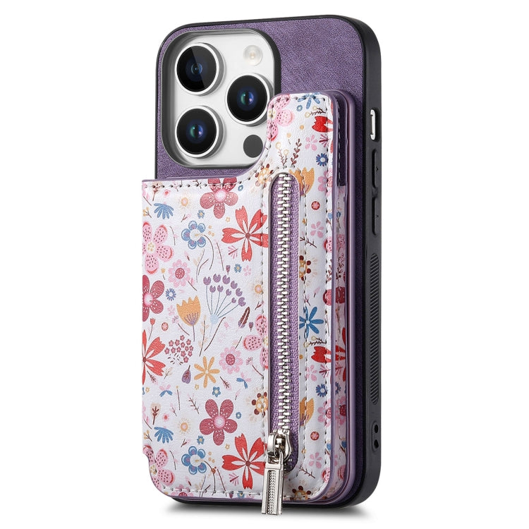 For iPhone 16 Pro Retro Painted Zipper Wallet Back Phone Case(Purple) - iPhone 16 Pro Cases by buy2fix | Online Shopping UK | buy2fix