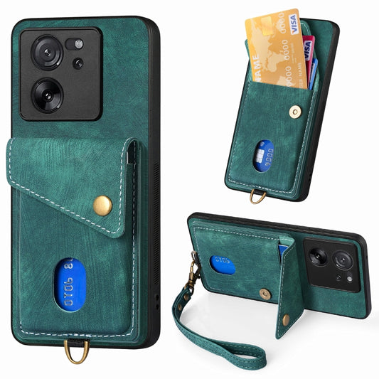 For Xiaomi 13T / 13T Pro Retro Card Wallet Fold Leather Phone Case with Strap(Green) - Xiaomi Cases by buy2fix | Online Shopping UK | buy2fix