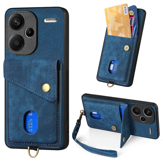 For Xiaomi Redmi Note 13 Pro+ Retro Card Wallet Fold Leather Phone Case with Strap(Blue) - Note 13 Pro+ Tempered Glass by buy2fix | Online Shopping UK | buy2fix