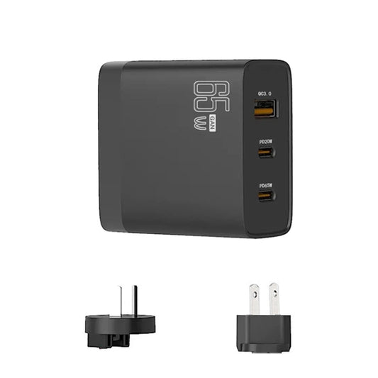 GAN 65W PD45W Dual Type-C / QC3.0 USB Multi Compatible Charger + 2m USB-C to USB-C Data Cable AU + US Plug Black by buy2fix