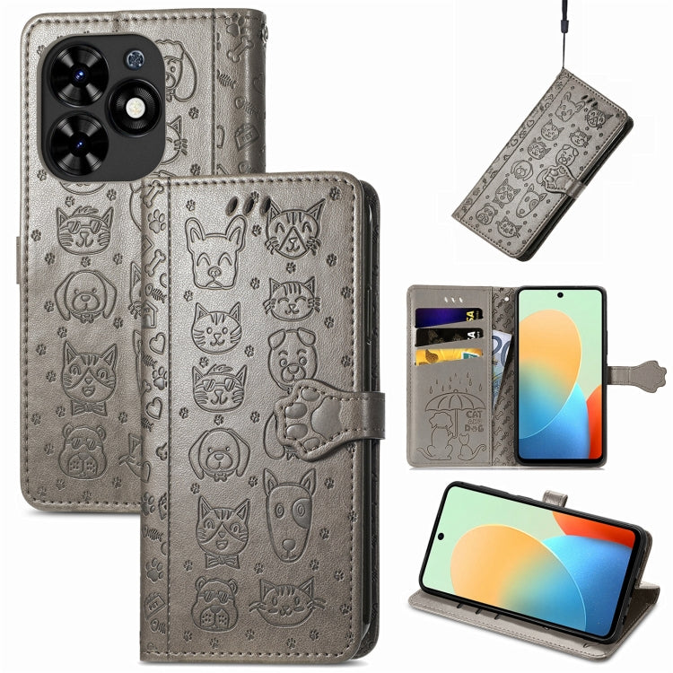 For Tecno Spark Go 2024 Cat and Dog Embossed Leather Phone Case(Grey) by buy2fix