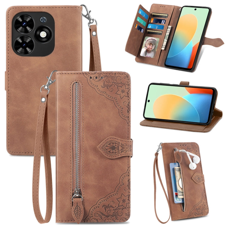 For Tecno Spark Go 2024 Embossed Flower Zipper Leather Phone Case(Brown) by buy2fix