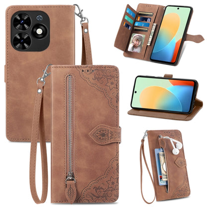 For Tecno Spark Go 2024 Embossed Flower Zipper Leather Phone Case(Brown) by buy2fix