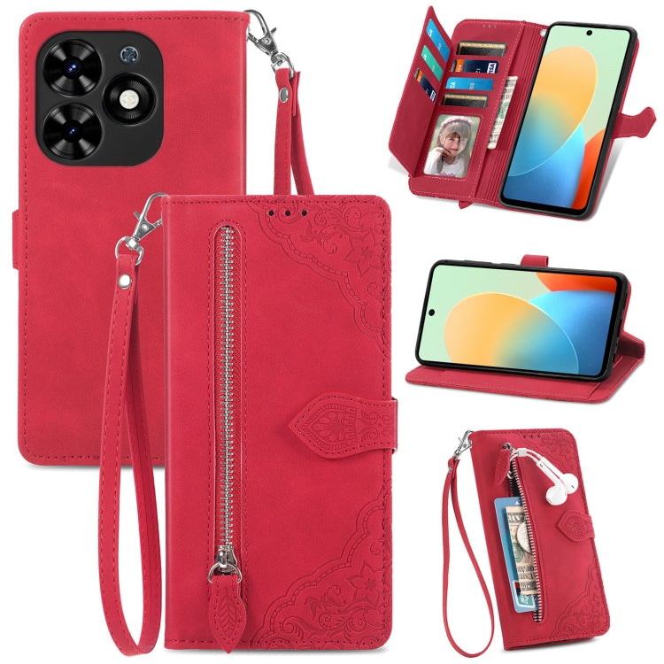 For Tecno Spark Go 2024 Embossed Flower Zipper Leather Phone Case(Red) by buy2fix