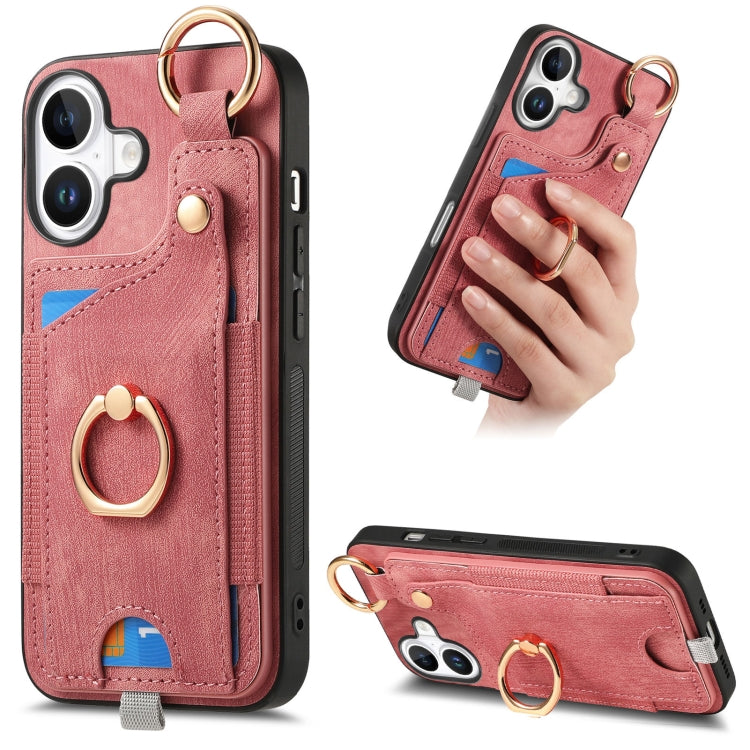 For iPhone 16 Plus Retro Skin-feel Ring Card Bag Phone Case with Hang Loop(Pink) - iPhone 16 Plus Cases by buy2fix | Online Shopping UK | buy2fix