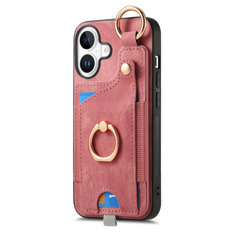 For iPhone 16 Plus Retro Skin-feel Ring Card Bag Phone Case with Hang Loop(Pink) - iPhone 16 Plus Cases by buy2fix | Online Shopping UK | buy2fix