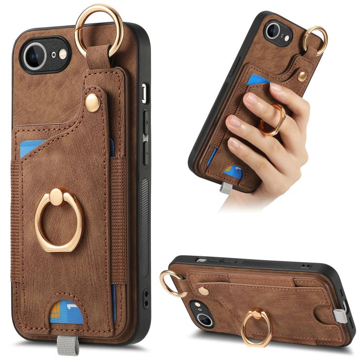 For iPhone 16e Retro Skin-feel Ring Card Bag Phone Case with Hang Loop(Brown) - iPhone 16e Cases by buy2fix | Online Shopping UK | buy2fix