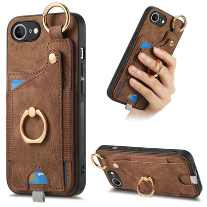 For iPhone 16e Retro Skin-feel Ring Card Bag Phone Case with Hang Loop(Brown) - iPhone 16e Cases by buy2fix | Online Shopping UK | buy2fix
