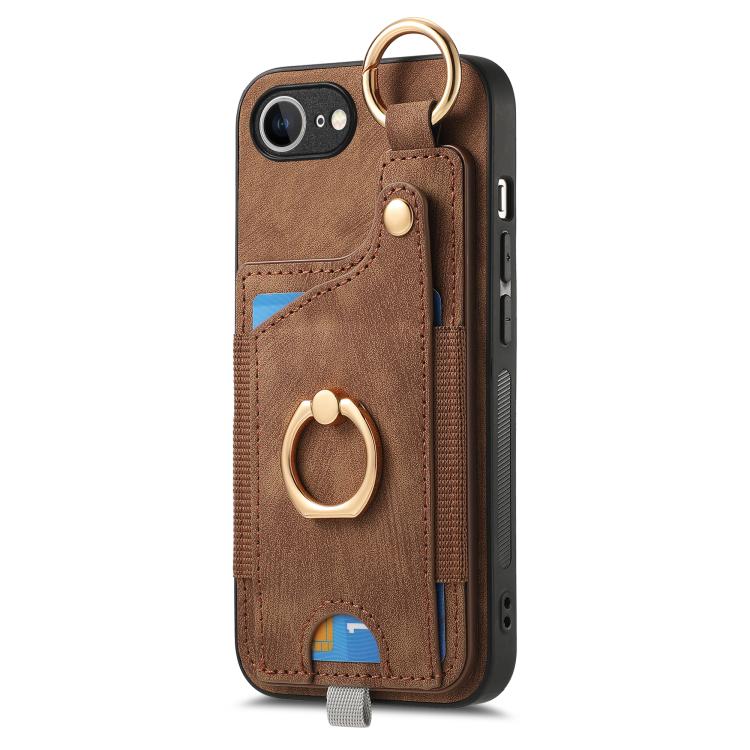 For iPhone 16e Retro Skin-feel Ring Card Bag Phone Case with Hang Loop(Brown) - iPhone 16e Cases by buy2fix | Online Shopping UK | buy2fix