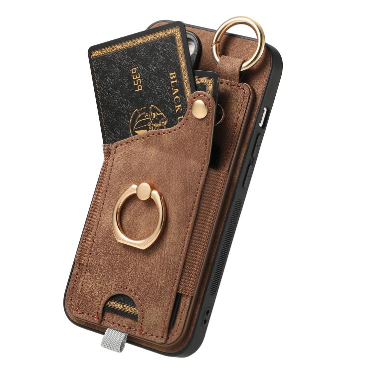 For iPhone 16e Retro Skin-feel Ring Card Bag Phone Case with Hang Loop(Brown) - iPhone 16e Cases by buy2fix | Online Shopping UK | buy2fix