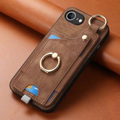 For iPhone 16e Retro Skin-feel Ring Card Bag Phone Case with Hang Loop(Brown) - iPhone 16e Cases by buy2fix | Online Shopping UK | buy2fix