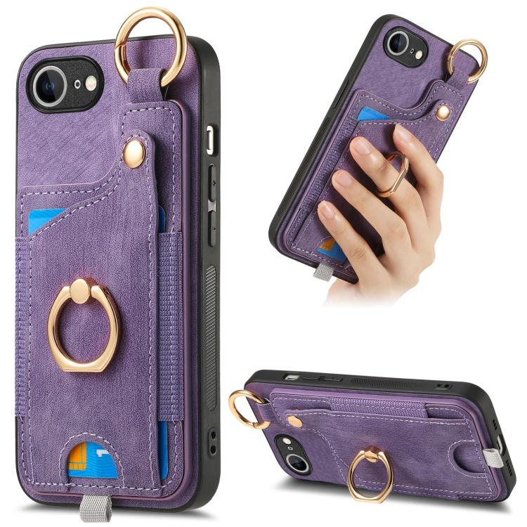 For iPhone 16e Retro Skin-feel Ring Card Bag Phone Case with Hang Loop(Purple) - iPhone 16e Cases by buy2fix | Online Shopping UK | buy2fix