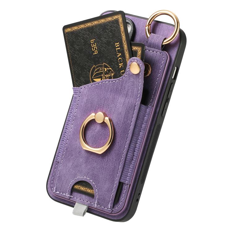 For iPhone 16e Retro Skin-feel Ring Card Bag Phone Case with Hang Loop(Purple) - iPhone 16e Cases by buy2fix | Online Shopping UK | buy2fix