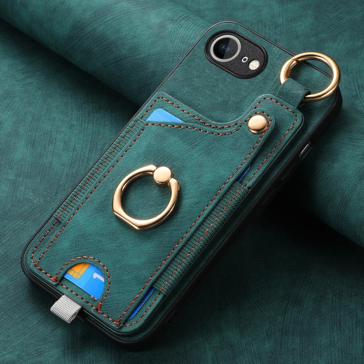 For iPhone 16e Retro Skin-feel Ring Card Bag Phone Case with Hang Loop(Green) - iPhone 16e Cases by buy2fix | Online Shopping UK | buy2fix