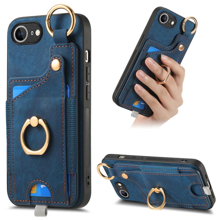 For iPhone 16e Retro Skin-feel Ring Card Bag Phone Case with Hang Loop(Blue) - iPhone 16e Cases by buy2fix | Online Shopping UK | buy2fix