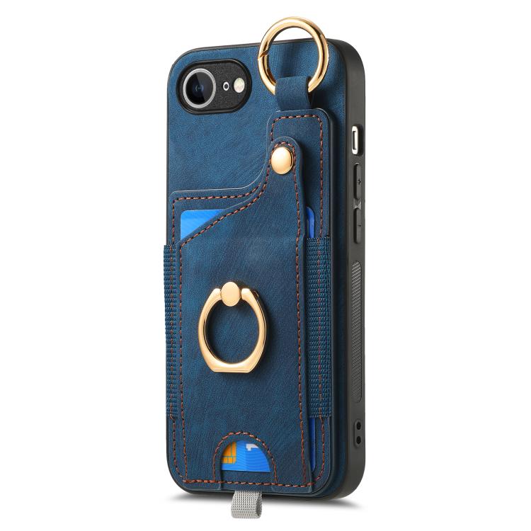 For iPhone 16e Retro Skin-feel Ring Card Bag Phone Case with Hang Loop(Blue) - iPhone 16e Cases by buy2fix | Online Shopping UK | buy2fix