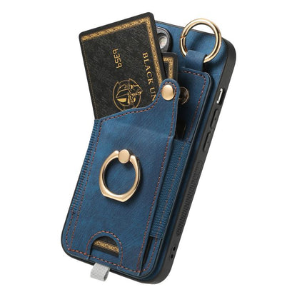For iPhone 16e Retro Skin-feel Ring Card Bag Phone Case with Hang Loop(Blue) - iPhone 16e Cases by buy2fix | Online Shopping UK | buy2fix