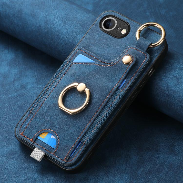 For iPhone 16e Retro Skin-feel Ring Card Bag Phone Case with Hang Loop(Blue) - iPhone 16e Cases by buy2fix | Online Shopping UK | buy2fix
