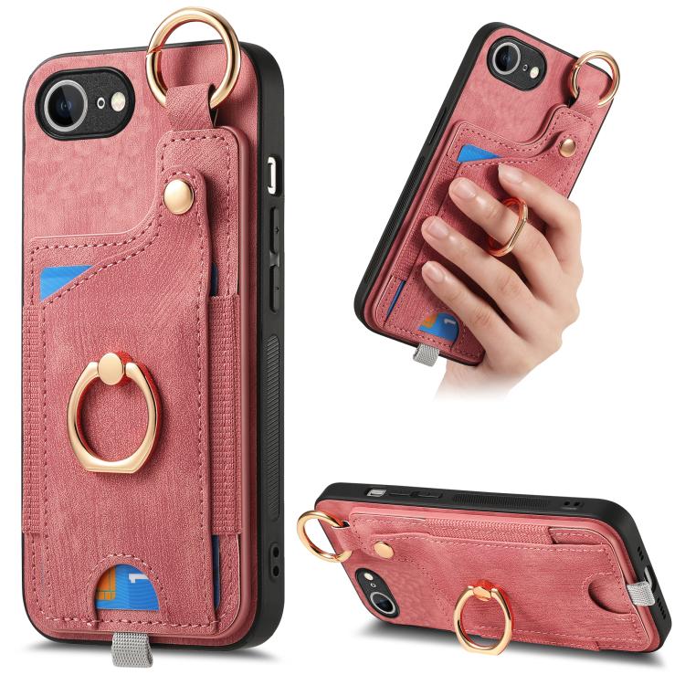 For iPhone 16e Retro Skin-feel Ring Card Bag Phone Case with Hang Loop(Pink) - iPhone 16e Cases by buy2fix | Online Shopping UK | buy2fix