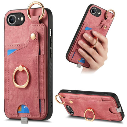For iPhone 16e Retro Skin-feel Ring Card Bag Phone Case with Hang Loop(Pink) - iPhone 16e Cases by buy2fix | Online Shopping UK | buy2fix