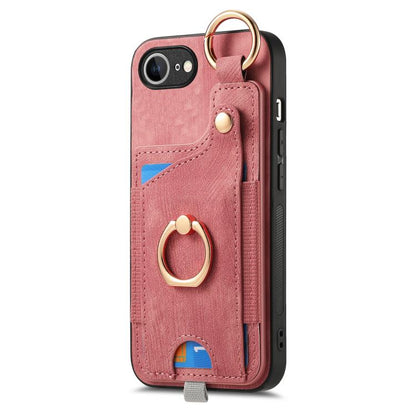 For iPhone 16e Retro Skin-feel Ring Card Bag Phone Case with Hang Loop(Pink) - iPhone 16e Cases by buy2fix | Online Shopping UK | buy2fix